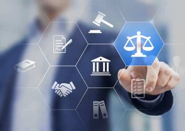 Legal advice service concept with lawyer working for justice, law, business legislation, and paperwork expert consulting, icons with person in background