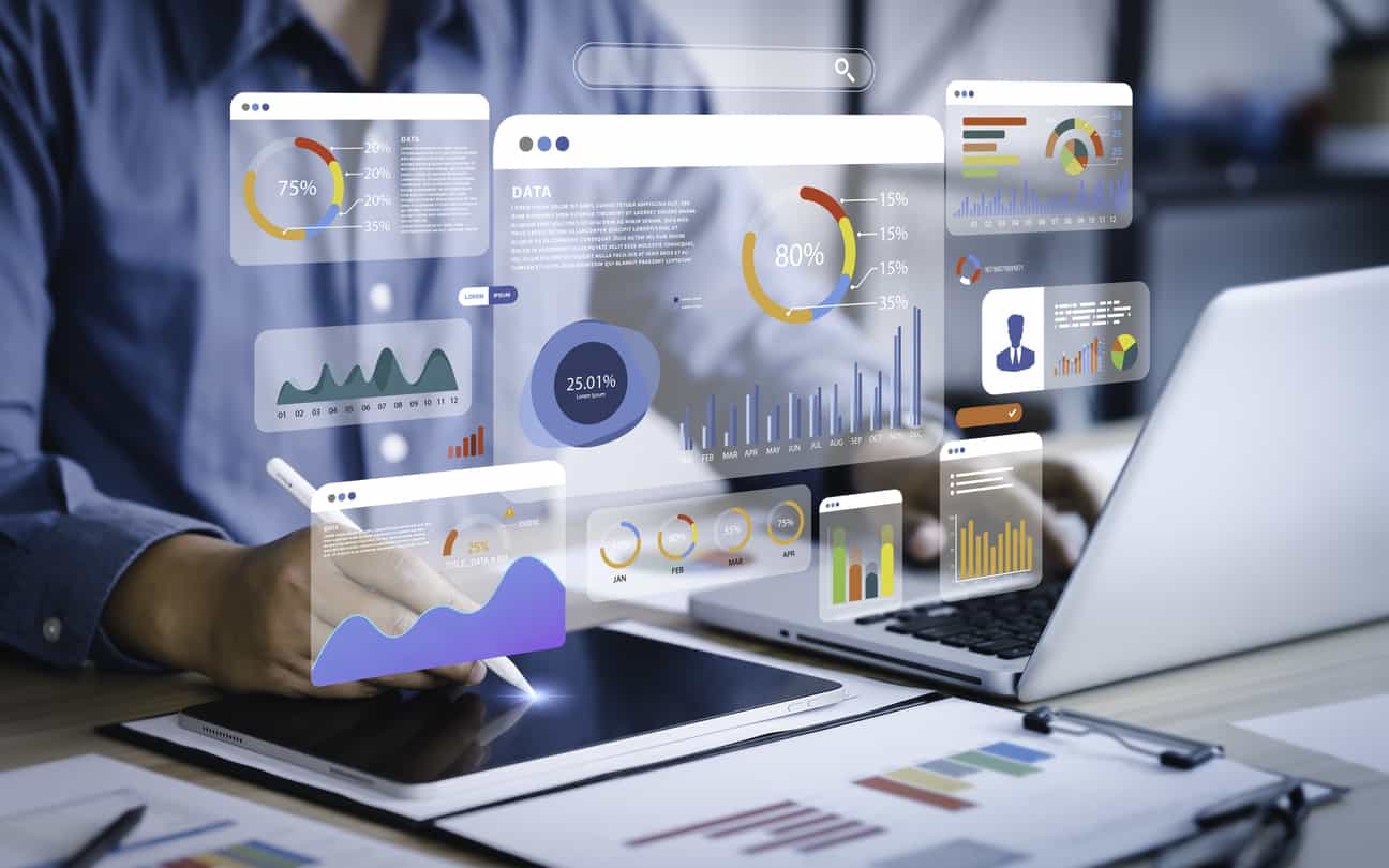 An analyst uses a computer and dashboard for data business analysis and Data Management System with KPI and metrics connected to the database for technology finance, operations, sales, marketing